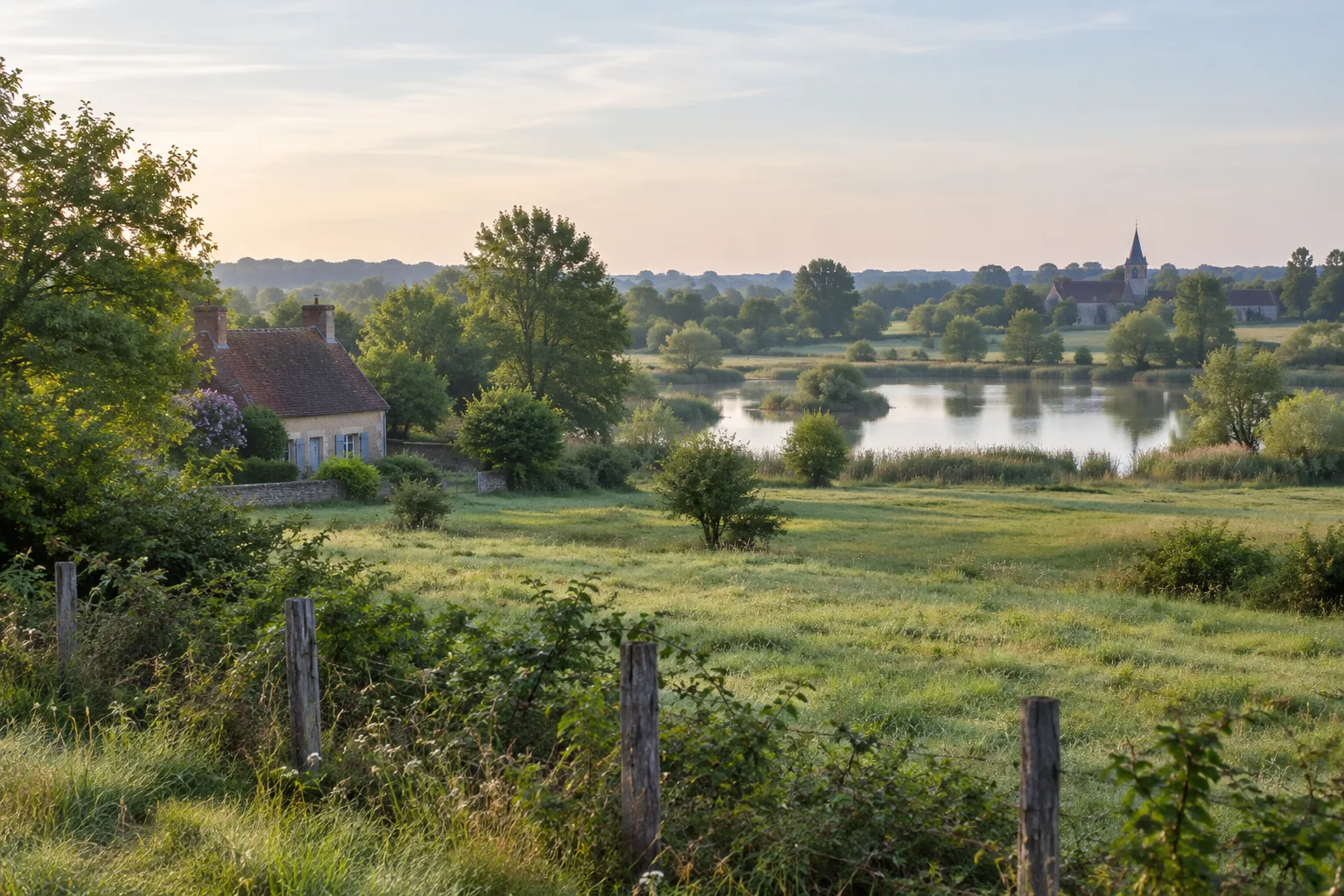 Un gîte rural au bord d’un paysage de prairies et d’étangs dans la Brenne.
