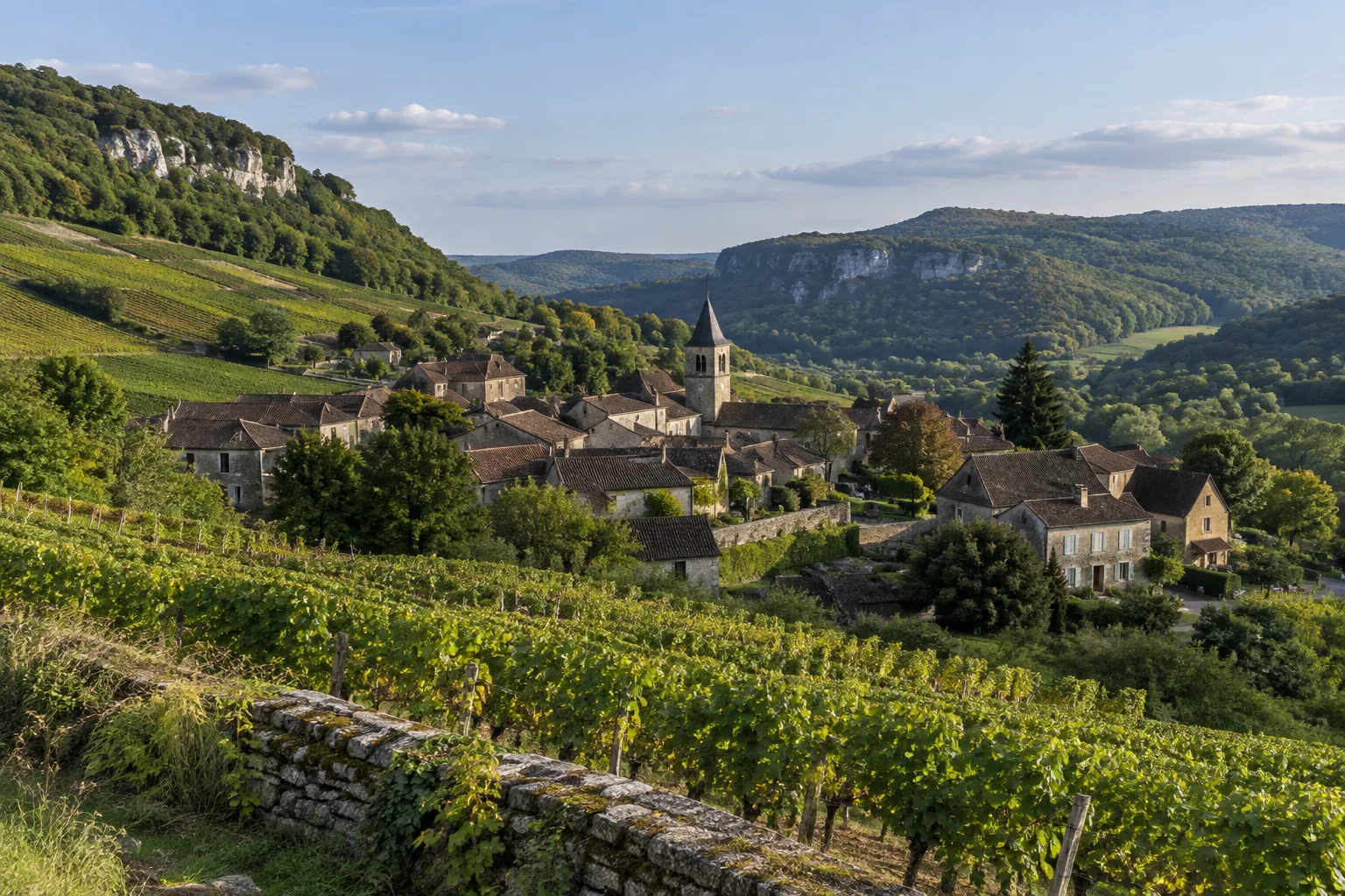 Village jurassien en pierre au milieu des coteaux viticoles et des collines verdoyantes.
