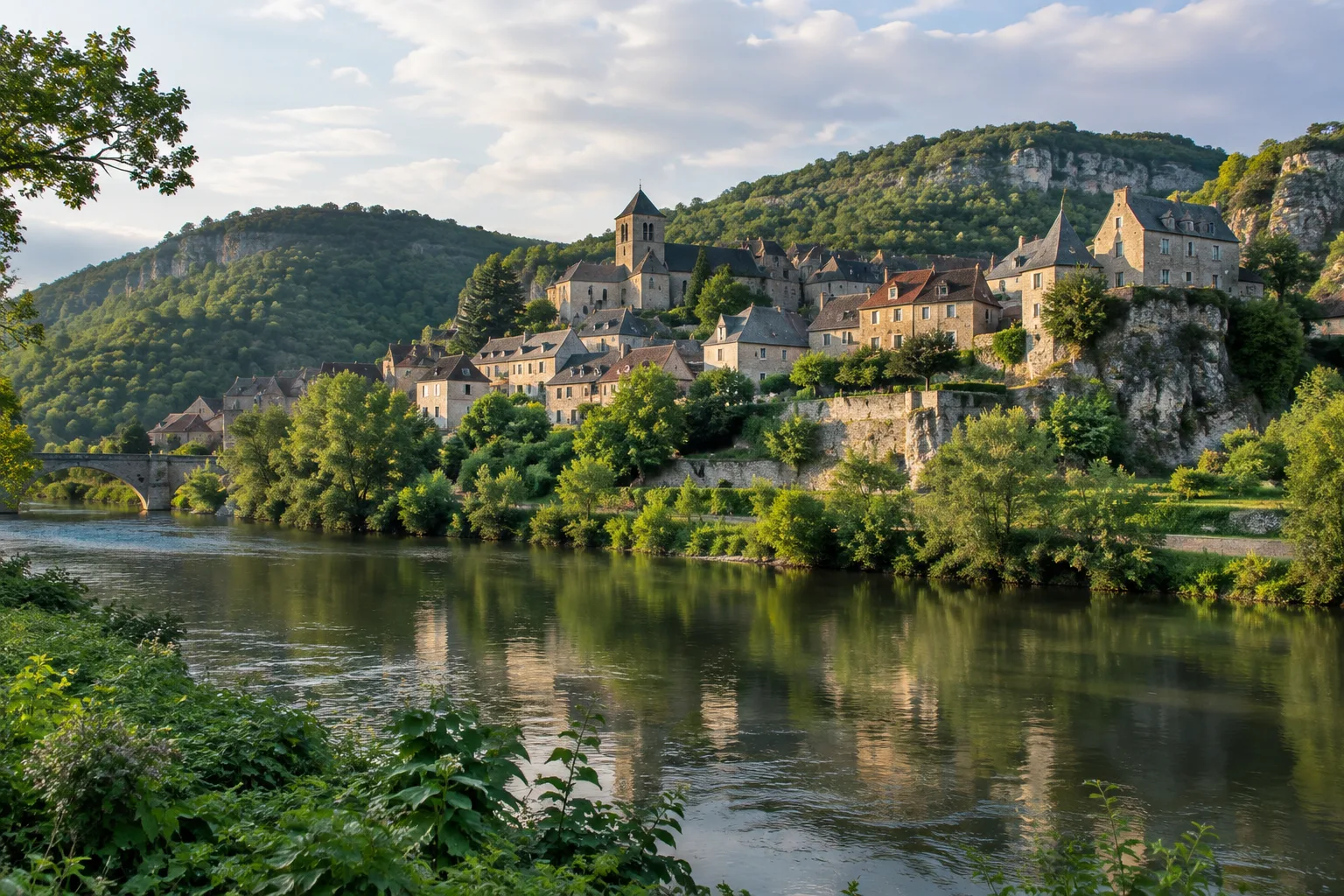 Village de pierre perché au-dessus d’une vallée du Lot, avec la rivière au premier plan.