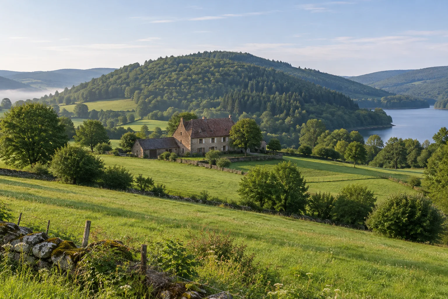 Une maison rurale dans le paysage verdoyant du Morvan, entre prairies, forêt et lac.