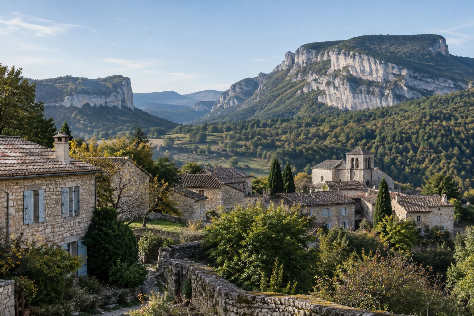 Maisons en pierre d’un village du Vercors drômois au pied des plateaux boisés.